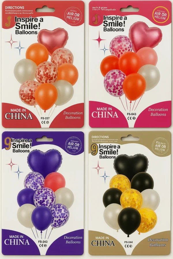 Multi-Color Party Balloons – 9 Pcs Pack | Confetti & Heart Foil Balloon Set - Image 2